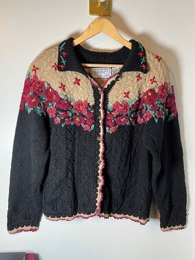 Signatures Northern Isles Floral Embroidered Rose Button Vintage Sweater Sz XL